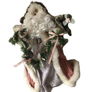 Brinns‎ 1991 pink Santa doll faux fur cape flowers tapestry toy bag garland 14”